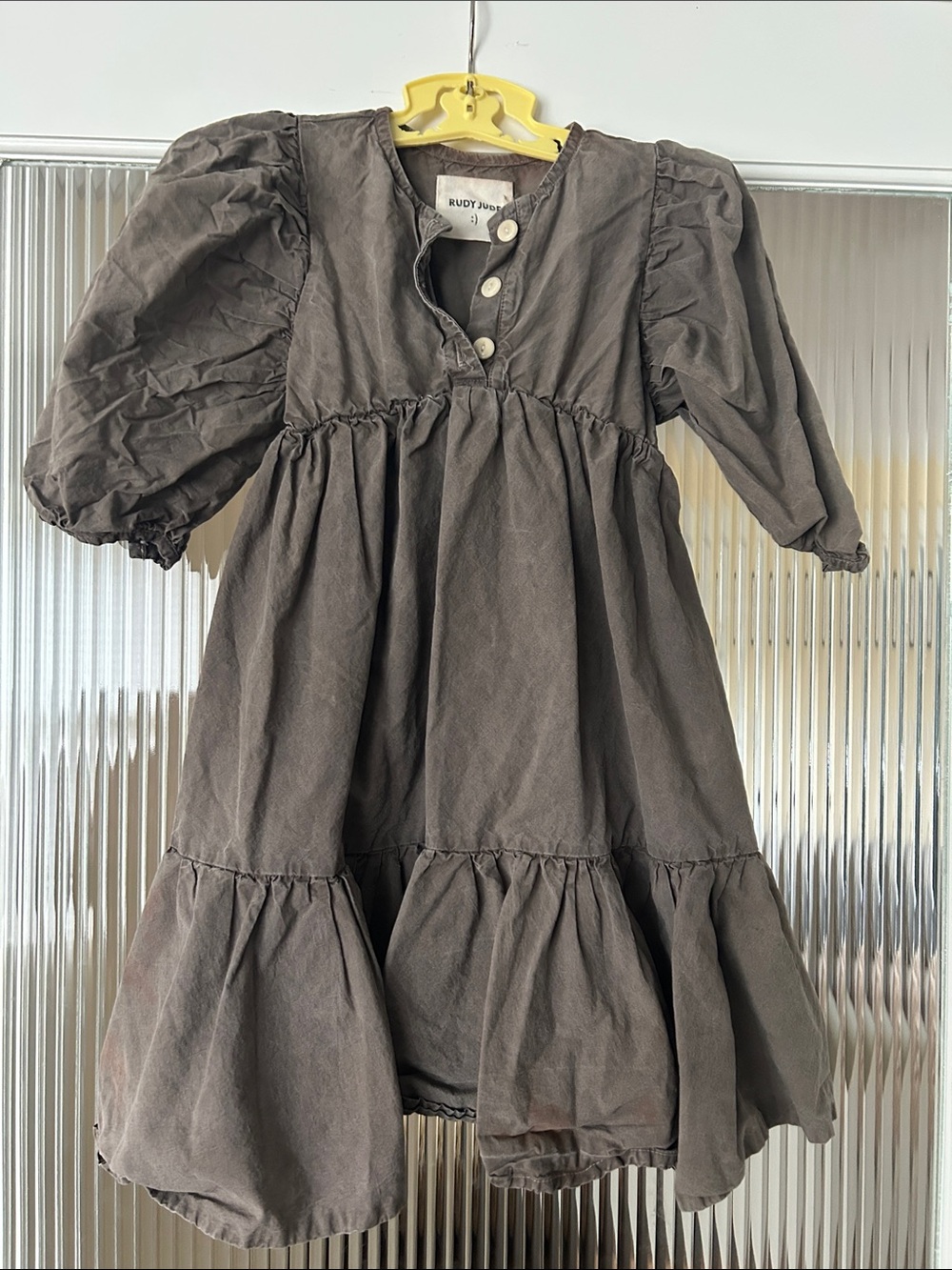 Rudy Jude Day Dress Mini - Dusty Brown Tiered Puff-Sleeve Dress